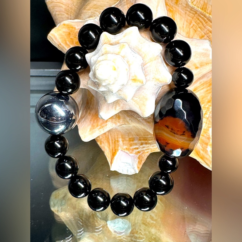 ONYX + TERAHERTZ + RARE UNIQUE DRUZI NATURAL STONES BRACELET size 7”